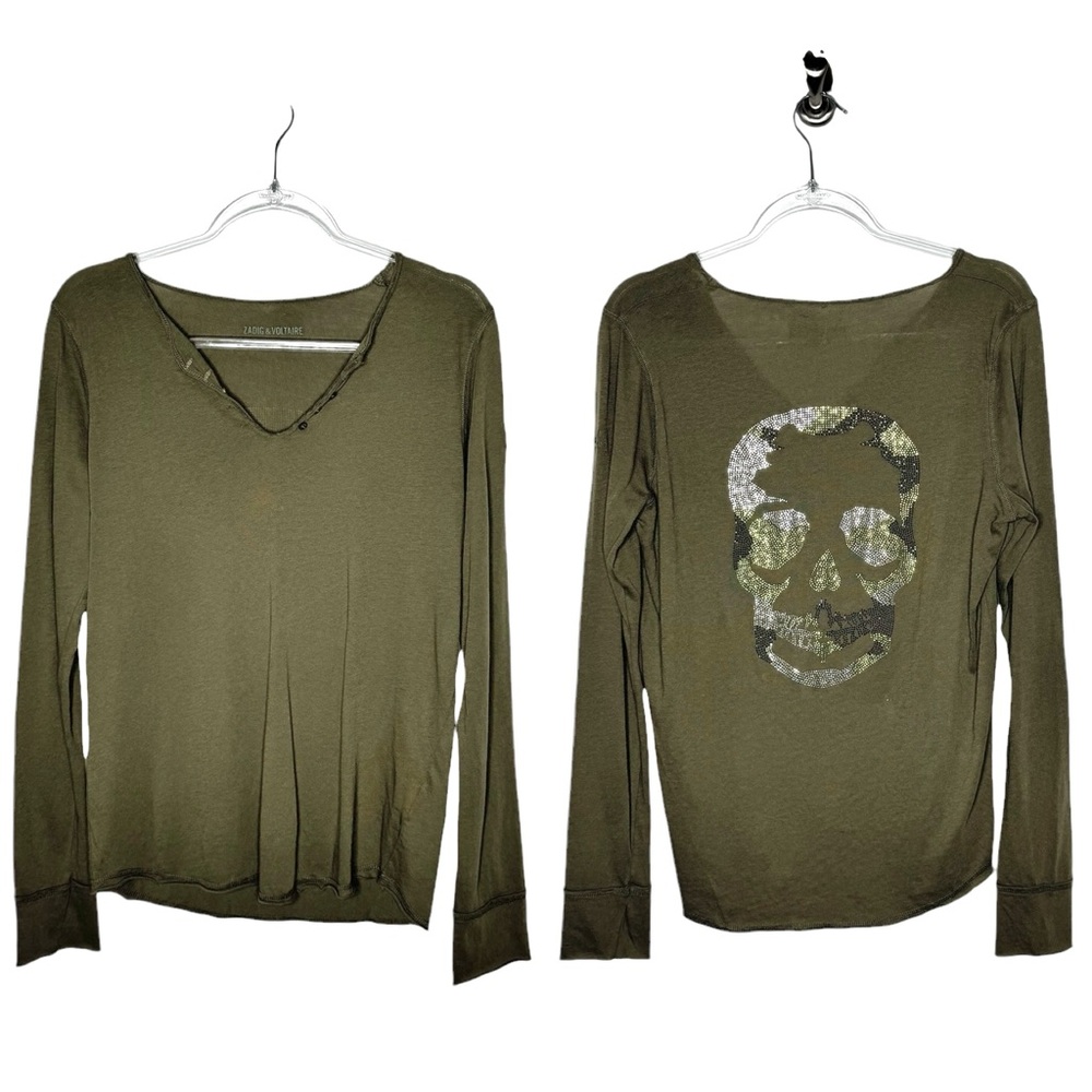 Zadig & Voltaite | NWOT Tunisian ML Strass Long Sleeve Skull Henley Green M